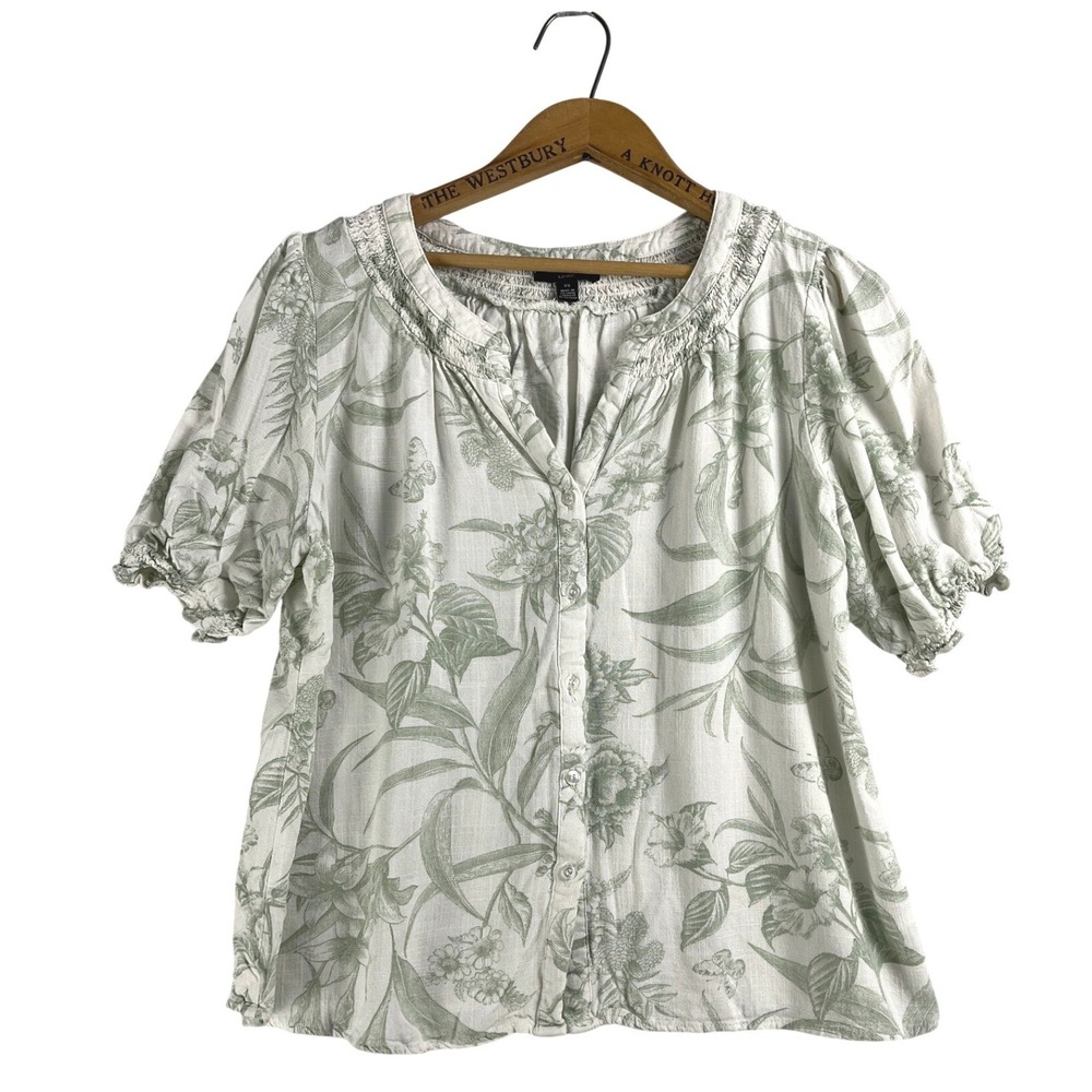 Sage Green Floral Linen Blend Smocked Puff Sleeve Blouse Size Large - Picture 2 of 10